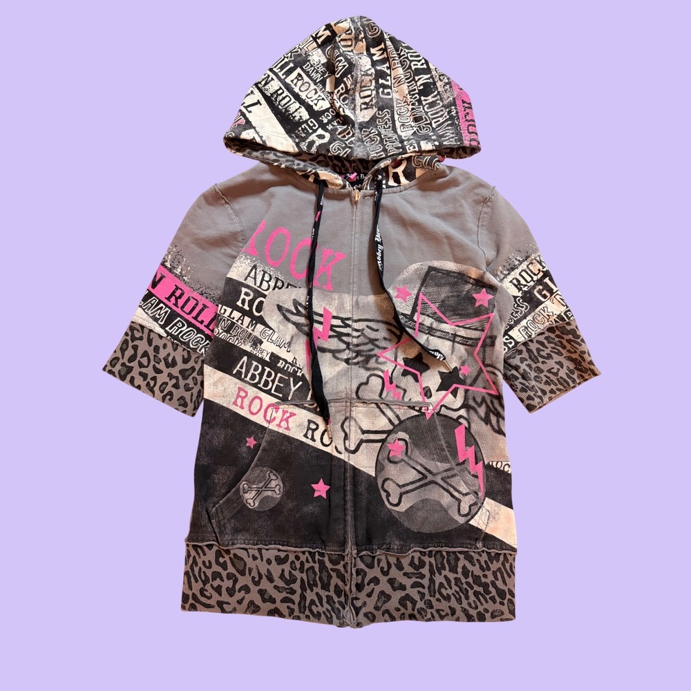 Y2K Abbey Dawn Avril Lavigne Rock Leopard Print Short Sleeve Zip Up Hoodie #18